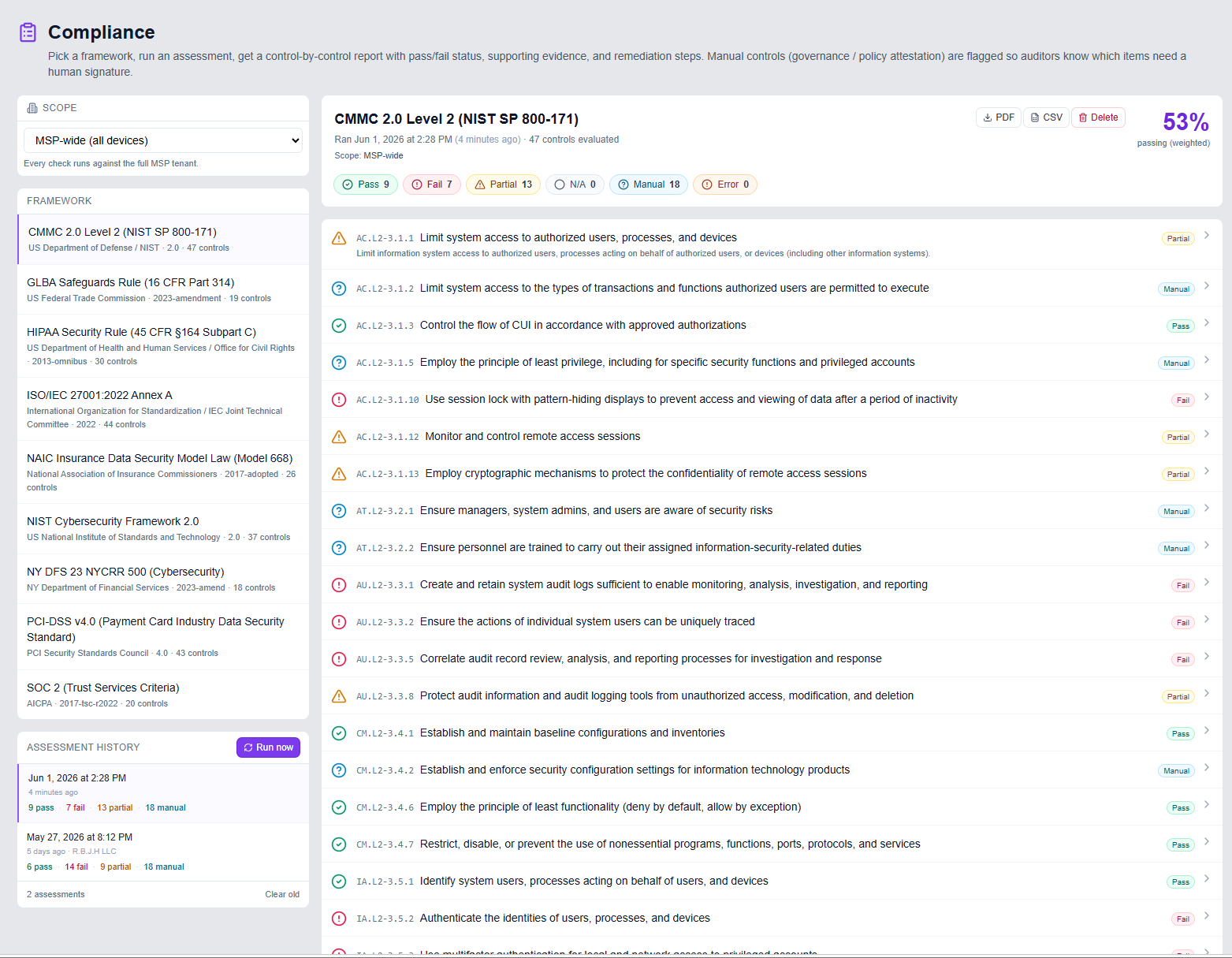 Compliance assessment for CMMC 2.0 / NIST 800-171: per-control status, evidence, and an overall readiness score with export to PDF.